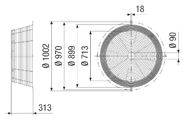 SGCI v 90 IM0021202.PNG Grille de protection contre les contacts pour une aspiration libre en version conique, galvanisée, DN 900