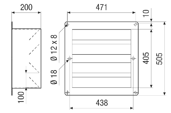VKRI HV 40-45 IM0021363.PNG Airstream-operated channel shutter with rectangular connection plate, DN 400-450