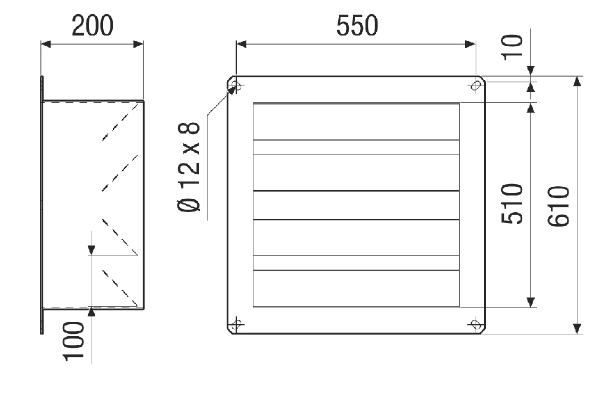 VKRI HV 50-56 IM0021364.PNG Airstream-operated channel shutter with rectangular connection plate, DN 500-560