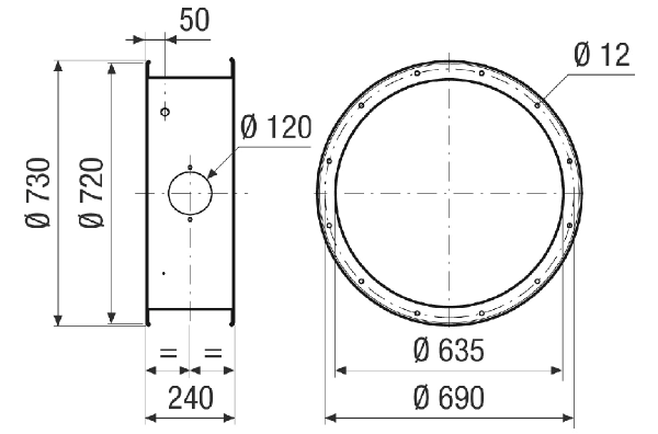 GVI v 63 IM0021393.PNG Rallonge de boîtier pour la protection mécanique du moteur et de la turbine à l'intérieur du boîtier du ventilateur, galvanisée, DN 630