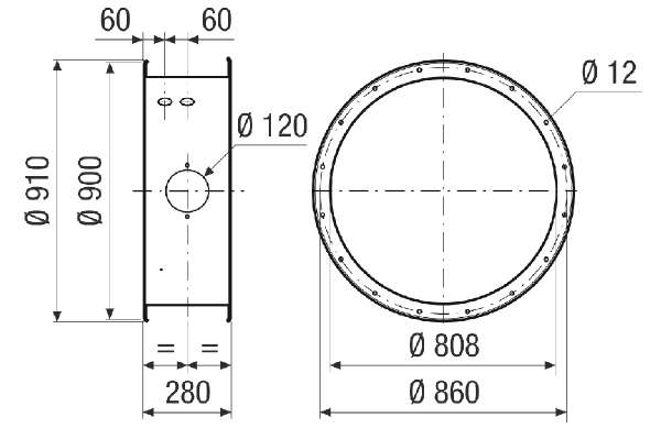 GVI v 80 IM0021395.PNG Rallonge de boîtier pour la protection mécanique du moteur et de la turbine à l'intérieur du boîtier du ventilateur, galvanisé, DN 800