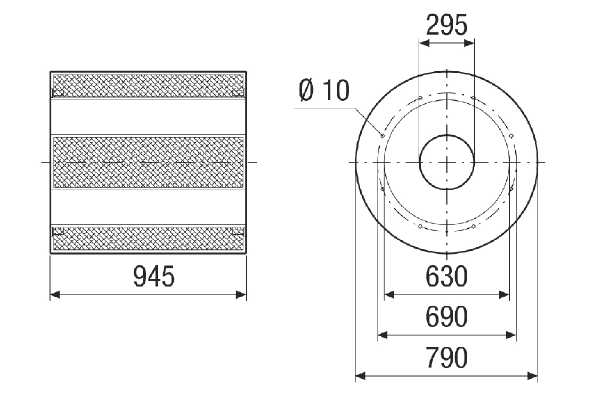 RSKI 63/1500 IM0021414.PNG Silencieux tubulaire avec coulisse, longueur 945 mm, DN 630 ␍