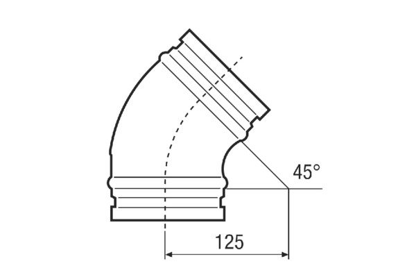 B45-125 IM0021535.PNG 45° elbow, drawn incl. lip seal, DN 125, for connecting folded spiral-seam ducts to the WS 120 Trio, WS 160 Flat or WS 170 central ventilation units