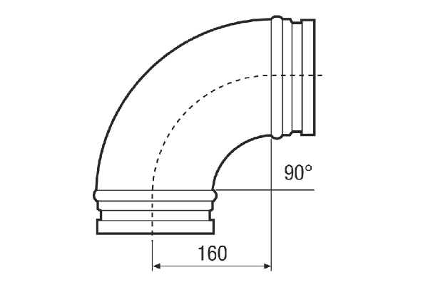 B90-160 IM0021536.PNG 90° elbow, drawn, incl. lip seal, DN 160, for connecting folded spiral-seams ducts to the WS 300 Flat, WR 310/WR 410, WS 320 and WS 470 central ventilation units. Alternative to the SVR 160 plug connector