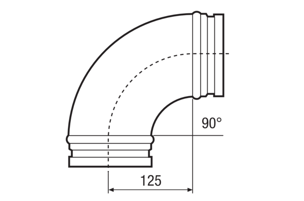 B90-125 IM0021544.PNG 90° elbow, drawn incl. lip seal, DN 125, for connecting folded spiral-seam ducts to the WS 120 Trio, WS 160 Flat or WS 170 central ventilation units. Alternative to the SVR 125 plug connector