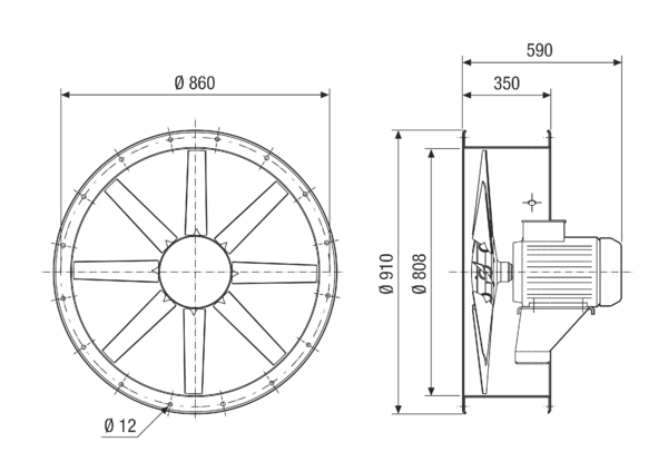 DAR 80/8-2 Ex IM0021613.PNG Axiální potrubní ventilátor, DN 800, v nevýbušném provedení, jmenovitý příkon 0,55 kW, medium plyn