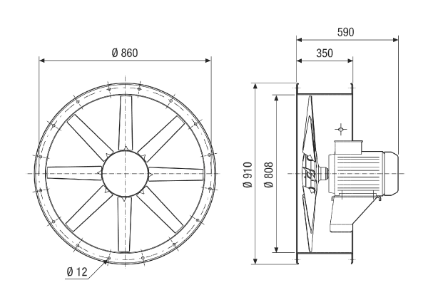 DAR 80/4-2 Ex IM0021613.PNG Axial duct fan, DN 800, explosion-proof, nominal power 4 kW, medium: gas