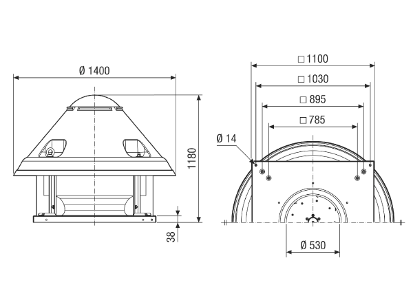 DRD H 90/6 IM0021657.PNG Tourelle d'extraction centrifuge, à soufflage horizontal, puissance nominale 5,5 kW, courant triphasé