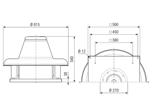 DRD HT 35/4 IM0021666.PNG Odśrodkowy wentylator dachowy do stosowania w wysokich temperaturach, moc nominalna 0,25 kW, prąd trójfazowy