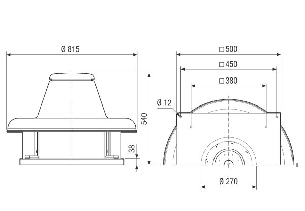 DRD HT 35/4 IM0021666.PNG Centrifugal roof fan for high temperatures, nominal power 0.25 kW, three-phase AC