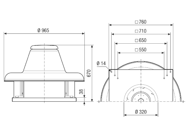 DRD HT 50/4 IM0021669.PNG Tourelle d'extraction centrifuge pour températures élevées, puissance nominale 1,1 kW, débit d'air 7194 m³/h, courant triphasé