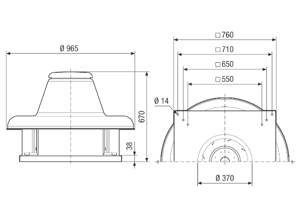 DRD HT 56/6 IM0021670.PNG Centrifugal roof fan for high temperatures, nominal power 0.55 kW, air volume 6252 m³/h, three-phase AC