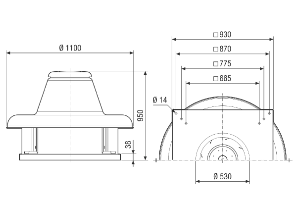 DRD HT 80/8 2V IM0021680.PNG Tourelle d'extraction centrifuge pour températures élevées, puissance nominale 2,6 kW/3,7 kW, courant triphasé à deux vitesses de rotation