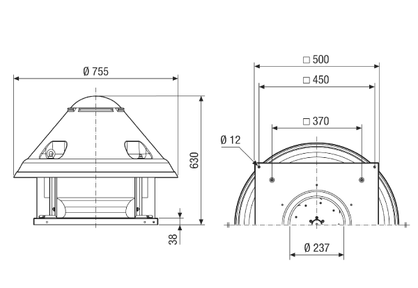 DRD H 35/4 Ex IM0021682.PNG Centrifugal roof fan, horizontal air outlet, nominal power 0.25 kW, three-phase AC, for use in potentially explosive atmospheres, medium: gas