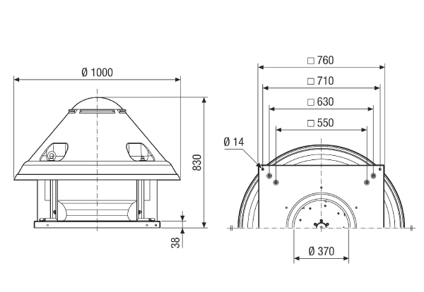 DRD H 56/6 Ex IM0021687.PNG Tourelle d'extraction centrifuge, à soufflage horizontal, puissance nominale 0,55 kW, débit d'air 9101 m³/h,  courant triphasé, pour l'utilisation dans des zones à risque d'explosion, fluide : gaz