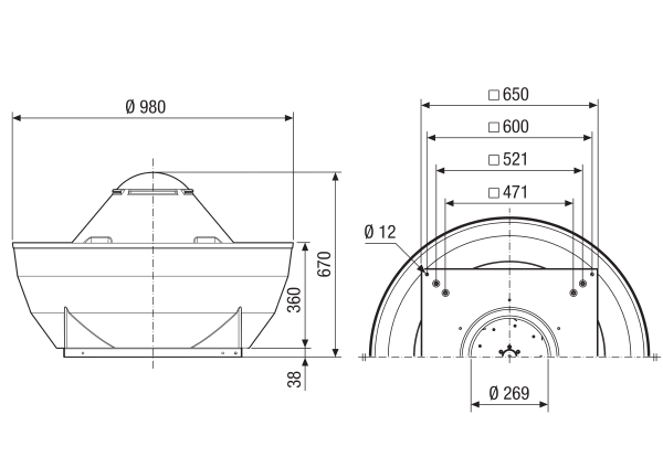 ERD V 40/4 Ex IM0021694.PNG Tourelle d'extraction centrifuge, à soufflage vertical, puissance nominale 0,55kW, courant alternatif, pour l'utilisation dans des zones à risque d'explosion, fluide : gaz