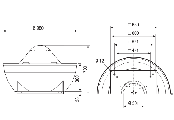 DRD V 45/4 Ex IM0021696.PNG Radial-Dachventilator, vertikal ausblasend, Nennleistung 0,75 kW, Drehstrom, für den Einsatz in explosionsgefährdeten Bereichen, Medium: Gas