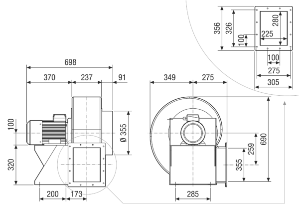 GRK 35/4 D IM0021710.PNG Radiální ventilátor z plastu s pravoúhlým výfukem, velikost 350, třífázový