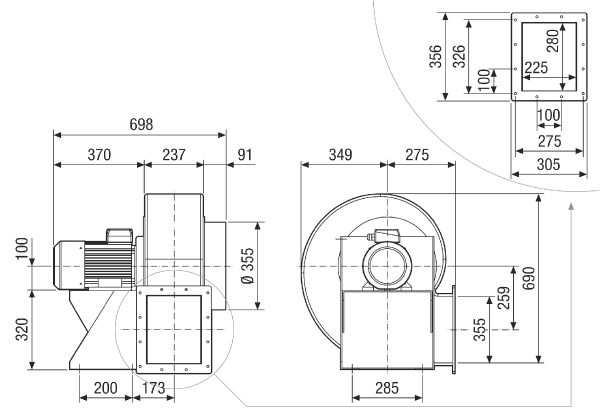 GRK 35/4 D IM0021710.PNG Radiális légfúvó műanyagból négyszögű kifúvással, méret 350, háromfázisú váltóáram
