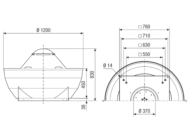 DRD V 56/6 IM0021760.PNG Центробежный крышный вентилятор, вертикальный выброс, номинальная мощность 0,55 кВт, трехфазный ток