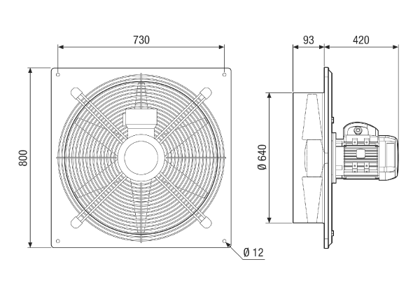 DAQ 63/8 Ex IM0021772.PNG Axial wall fan with square wall plate, DN 630, three-phase AC, explosion-proof, nominal power 0.25 kW, medium: gas