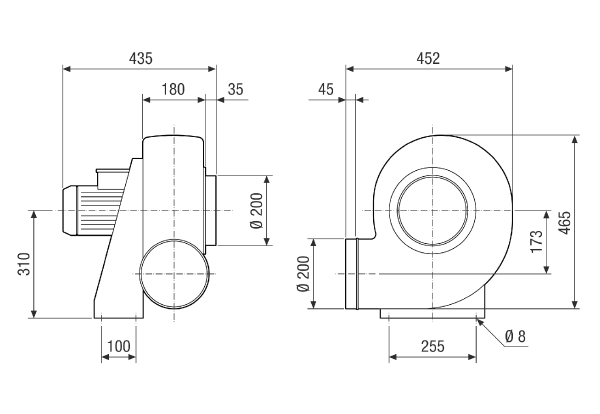 GRK R 25/4 D Ex IM0021839.PNG Souffleur centrifuge en plastique avec soufflage rond, 4 pôles, dimension 250, diamètre de raccordement 200 mm, courant triphasé, antidéflagrant, fluide : gaz