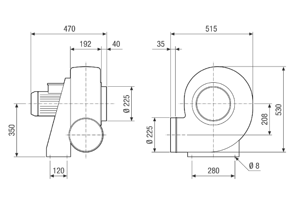 GRK R 28/2 D Ex IM0021842.PNG Souffleur centrifuge en plastique avec soufflage rond, 2 pôles, dimension 280, courant triphasé, antidéflagrant, fluide : gaz