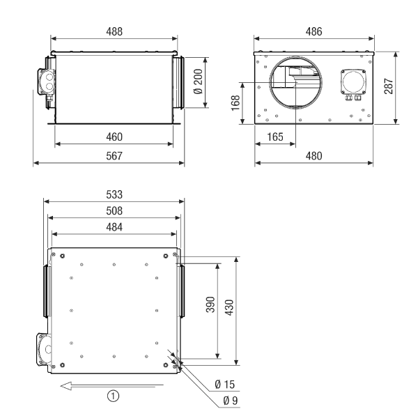 ESR 20-3 EC IM0022328.PNG Sound-insulated ventilation box with EC motor and swivelling fan, DN 200, single-phase AC