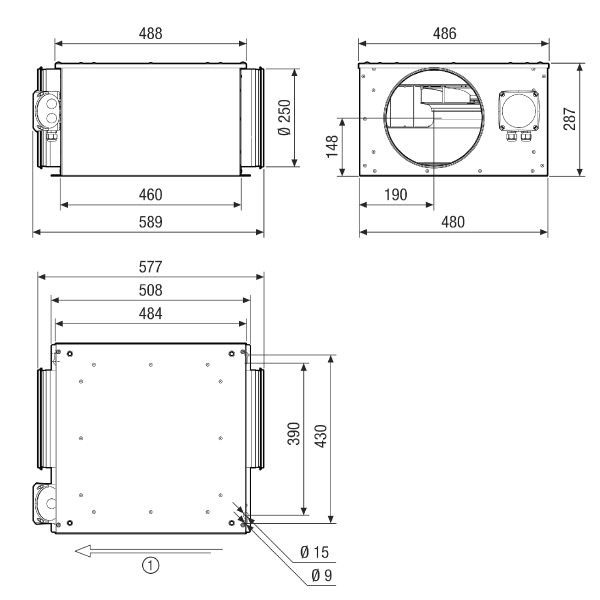 ESR 25-3 EC IM0022329.PNG Шумоглушащий вентиляционный бокс с двигателем ЕС и поворотным вентилятором, DN 250, однофазный переменный ток