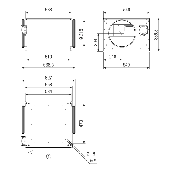 ESR 31-3 EC IM0022330.PNG Sound-insulated ventilation box with EC motor and swivelling fan, DN 315, single-phase AC