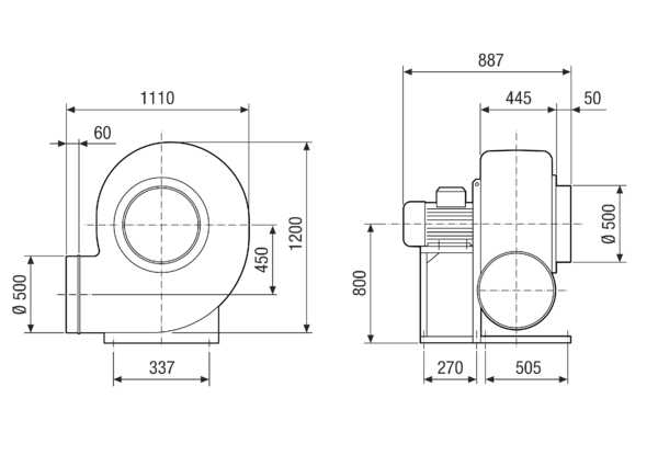 GRK R 63/6 D IM0022605.PNG Пластмассовый центробежный вентилятор с круглым выпуском, типоразмер 630, трехфазный ток, 6-полюсный