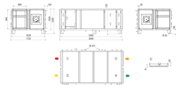 RLT 4000 MV4540HL-Mode 4 IM0022869.PNG Appareil compact de traitement d'air centralisé à récupération de chaleur. Version : horizontal avec raccord d'air entrant et sortant à gauche, fonctionnement à débit d'air constant, avec échangeur de chaleur à contre-courant croisé, sans registre de préchauffage, sans registre de réchauffage, débit d'air jusqu'à 4000 m³/h