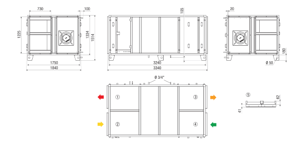 RLT 5500 MV4555HL-Mode 5 IM0022870.PNG Компактный прибор централизованного отопления и вентиляции с рекуперацией тепла. Исполнение: Горизонтальное с присоединением для приточного и вытяжного воздуха слева, с учетом текущих потребностей, режим работы с постоянным объемным расходом через датчик CO², с перекрестным противоточным теплообменником, без калорифера предварительного нагрева, без калорифера последующего нагрева, объемный расход до 5500 м³/ч