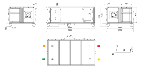 RLT 4000 MV4540HR-Mode 4 IM0022890.PNG Appareil compact de traitement d'air centralisé à récupération de chaleur. Version : horizontal avec raccord d'air entrant et sortant à droite, fonctionnement à débit d'air constant, avec échangeur de chaleur à contre-courant croisé, sans registre de préchauffage, sans registre de réchauffage, débit d'air jusqu'à 4000 m³/h