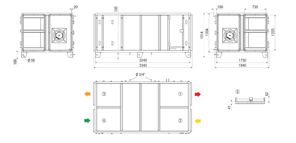 RLT 5500 MV4555HR-Mode 5 IM0022891.PNG Компактный прибор централизованного отопления и вентиляции с рекуперацией тепла. Исполнение: Горизонтальное с присоединением для приточного и вытяжного воздуха справа, с учетом текущих потребностей, режим работы с постоянным объемным расходом через датчик CO², с перекрестным противоточным теплообменником, без калорифера предварительного нагрева, без калорифера последующего нагрева, объемный расход до 5500 м³/ч