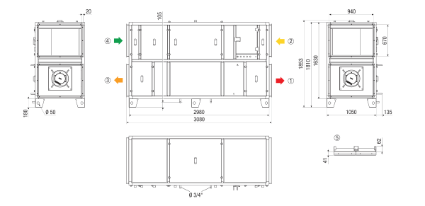 RLT 4000 MV4540VR-Mode 5 IM0022898.PNG Компактный прибор централизованного отопления и вентиляции с рекуперацией тепла. Исполнение: Вертикальное с присоединением для приточного и вытяжного воздуха справа, с учетом текущих потребностей, режим работы с постоянным объемным расходом через датчик CO², с перекрестным противоточным теплообменником, без калорифера предварительного нагрева, без калорифера последующего нагрева, объемный расход до 4000 м³/ч