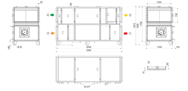 RLT 5500 MV4555VR-Mode 3 IM0022899.PNG Компактный прибор централизованного отопления и вентиляции с рекуперацией тепла. Исполнение: Вертикальное с присоединением для приточного и вытяжного воздуха справа, режим работы с постоянным давлением, с перекрестным противоточным теплообменником, без калорифера предварительного нагрева, без калорифера последующего нагрева, объемный расход до 5500 м³/ч