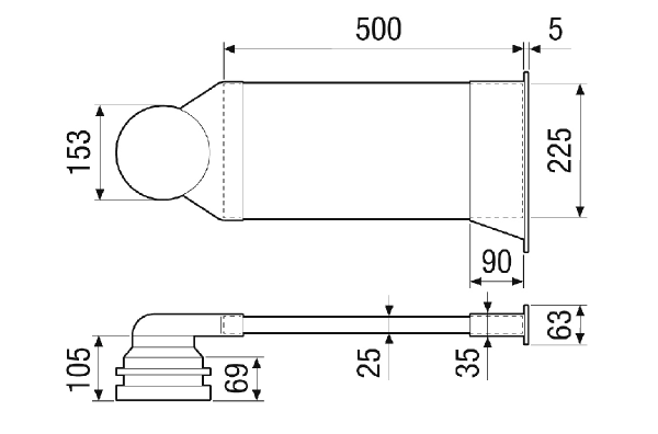 ALD 160 LE IM0023120.PNG Laibungselement ALD 160 LE ist die passende Ergänzung zur Rohbauhülse RH 160. Bestehend aus: 1x Winkelstück mit rundem Anschluss DN 150 1x Flachkanal B/H/L: 225 / 25 / 500 mm, 1x Außengitter aus Edelstahl B/H: 63 / 281 mm