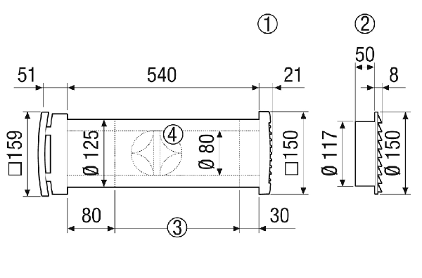 ALD 125 A IM0023149.PNG Комплект дооснащения шумоглушащего прохода наружного воздуха DN 125 для децентрализованной приточной вентиляции жилья с ручной заслонкой