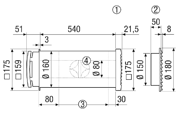 ALD 160 A IM0023152.PNG Комплект дооснащения шумоглушащего прохода наружного воздуха DN 160 для децентрализованной приточной вентиляции жилья с ручной заслонкой