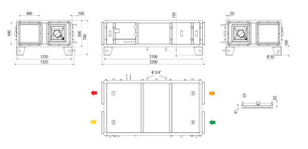 RLT 1200 MV4512HL-Mode 4 IM0023603.PNG Központi szellőztetéstechnikai kompakt berendezés hővisszanyeréssel. Kivitel: vízszintes, bal oldali beáramló- és elszívottlevegő-csatlakozással, állandó térfogatáramot biztosító üzem, keresztirányú ellenáramlással üzemelő hőcserélővel, előmelegítéshez való fűtésérzékelő nélkül, utánmelegítéshez való fűtésérzékelő nélkül, légmennyiség max. 1200 m³/h