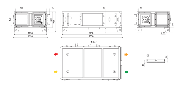 RLT 1600 MV4516HL-Mode 3 IM0023605.PNG Centralised compact air handling unit with heat recovery. Version: Horizontal with supply and exhaust air connection on the left, constant pressure operation, with cross-counterflow heat exchanger, without preheating register, without supplementary heat register, air flow volume up to 1600 m³/h