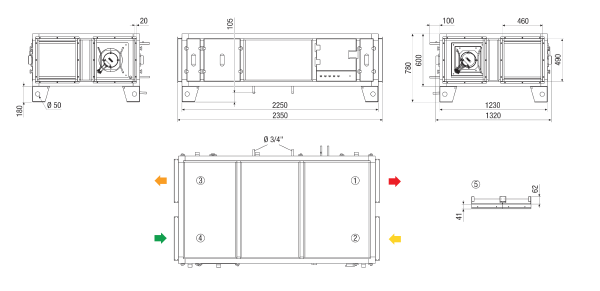RLT 1600 MV4516HR-Mode 3 IM0023606.PNG Centralised compact air handling unit with heat recovery. Version: Horizontal with supply and exhaust air connection on the right, constant pressure operation, with cross-counterflow heat exchanger, without preheating register, without supplementary heat register, air flow volume up to 1600 m³/h