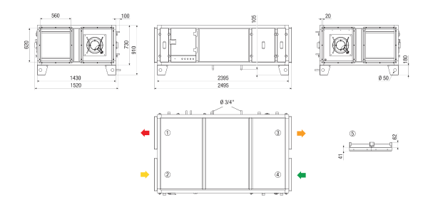 RLT 2300 MV4523HL-Mode 5 IM0023607.PNG Компактный прибор централизованного отопления и вентиляции с рекуперацией тепла. Исполнение: Горизонтальное с присоединением для приточного и вытяжного воздуха слева, с учетом текущих потребностей, режим работы с постоянным объемным расходом через датчик CO², с перекрестным противоточным теплообменником, без калорифера предварительного нагрева, без калорифера последующего нагрева, объемный расход до 2300 м³/ч