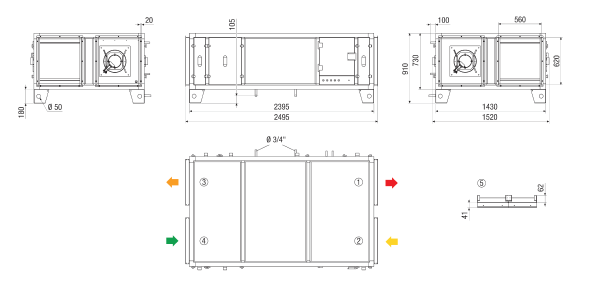 RLT 2300 MV4523HR-Mode 5 IM0023608.PNG Zentrales raumlufttechnisches Kompaktgerät mit Wärmerückgewinnung. Ausführung: Horizontal mit Zu- und Abluftanschluss rechts, bedarfsgeführter, volumenstromkonstanter Betrieb über CO²-Sensor, mit Kreuz-Gegenstrom-Wärmetauscher, ohne Vorheizregister, ohne Nachheizregister Fördervolumen bis 2300 m³/h