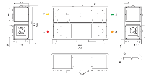 RLT 2300 MV4523VL-Mode 5 IM0023616.PNG Centralni ventilacijsko-tehnički kompaktni uređaj s rekuperacijom topline. Izvedba: vertikalno s priključkom za usisni i odsisni zrak lijevo, potrebom upravljani rad s konstantnim volumenom zraka, preko CO² osjetnika, s križnim protustrujnim izmjenjivačem topline, bez registra predgrijača, bez registra dogrijača, volumen zraka do 2300 m³/h