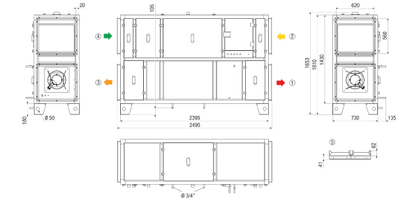 RLT 2300 MV4523VR-Mode 5 IM0023617.PNG Zentrales raumlufttechnisches Kompaktgerät mit Wärmerückgewinnung. Ausführung: Vertikal mit Zu- und Abluftanschluss rechts, bedarfsgeführter, volumenstromkonstanter Betrieb über CO²-Sensor, mit Kreuz-Gegenstrom-Wärmetauscher, ohne Vorheizregister, ohne Nachheizregister Fördervolumen bis 2300 m³/h