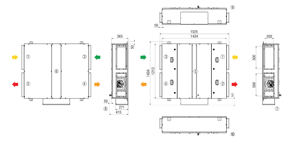 RLT FLAT 1200 M4012H  L Mode 4 IM0023688.PNG Appareil compact de traitement d'air centralisé à récupération de chaleur en construction plate, fonctionnement à débit d'air constant jusqu'à 1400 m³/h, version gauche, échangeur de chaleur à contre-courant croisé