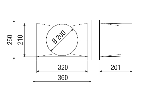 RA M4004 RC IM0023694.PNG Adaptateur de transition rectangulaire-rond pour le raccordement d'une gaine ronde. À noter que, pour les modules supplémentaires (NHKR/SD/VM/PAS), le raccord rond est placé dans le sens de l'air derrière le dernier composant. Commande avec CTA Flat 400 nécessaire.
