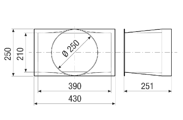 RA M4007 RC IM0023695.PNG Adaptateur de transition rectangulaire/rond pour le raccordement d'une gaine ronde. Pour les modules supplémentaires (NHKR/SD/VM/PAS), le raccord rond est placé dans le sens de l'air derrière le dernier composant. Commande avec CTA FLAT 700 nécessaire.